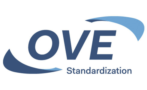 Logo der OVE Standardisierung in Blau- und Grautönen.