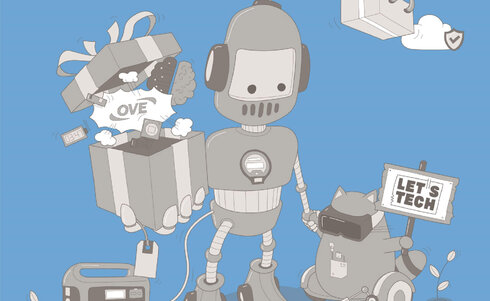 Roboter mit Geschenken, Drohne und Kätzchen, die Technologie unterstützen.