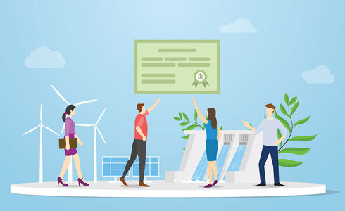 Menschen diskutieren nachhaltige Energieprojekte vor Windrädern und Solarpanelen.