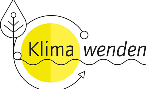 Klimawende-Logo mit Sonne, Blatt und geschwungenem Schriftzug.