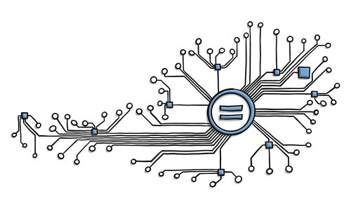 Grafik eines Schaltkreises mit symbolischem Gleichheitszeichen in der Mitte.