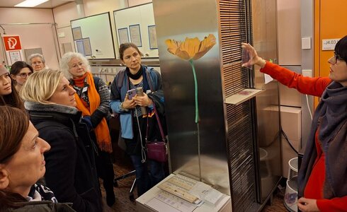 Frau zeigt einer Damenrunde einen Glasobjektträger